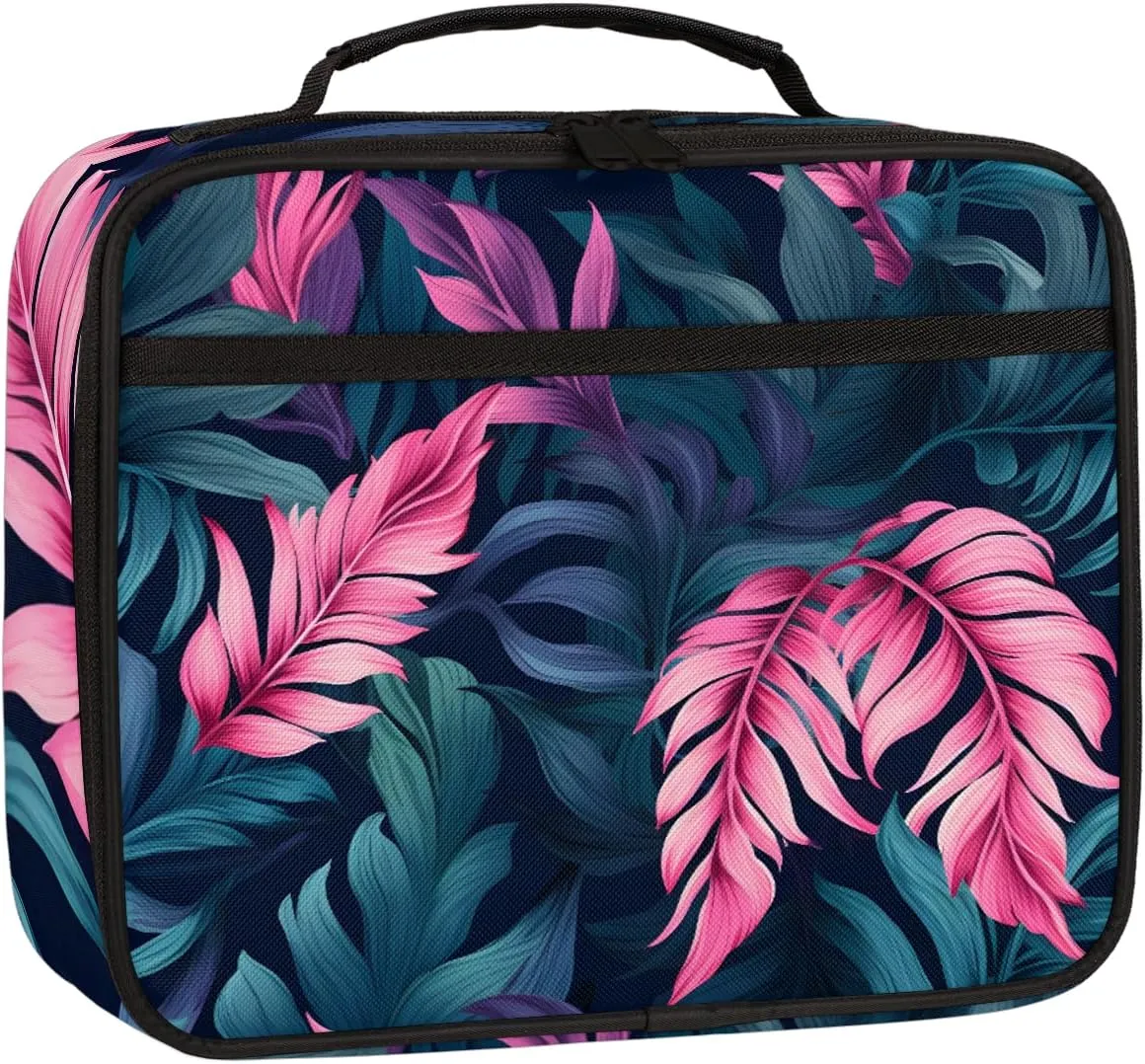 Tropical Leaf Square Lunch Bag Watercolor Plants Square Tote Lunch Bag Reusable Lunch Box Leakproof Cooler Bag