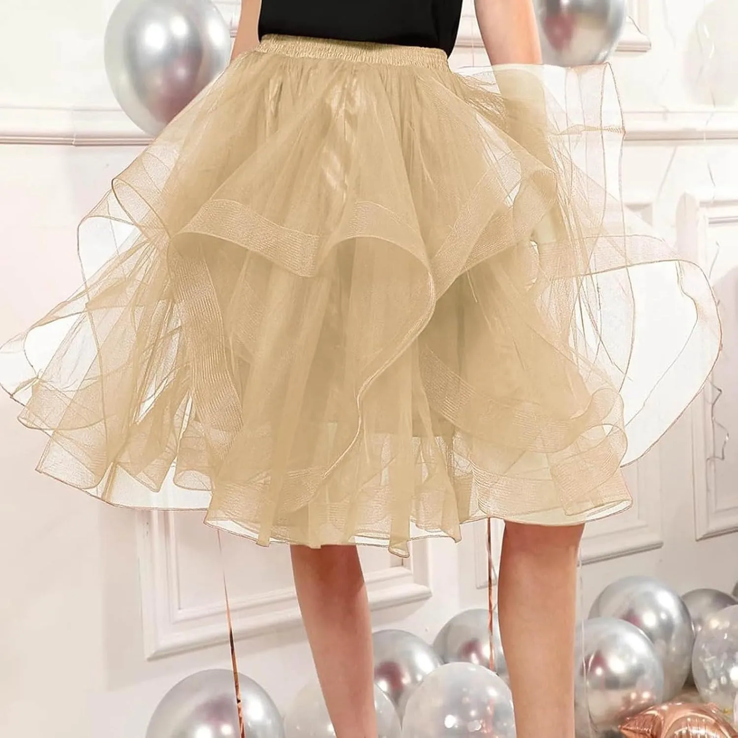 Tulle Skirts for Women A Line Elastic Layered Puffy Midi Skirt High Low Asymmetrical Midi Length Prom Mesh Tutu Skirt