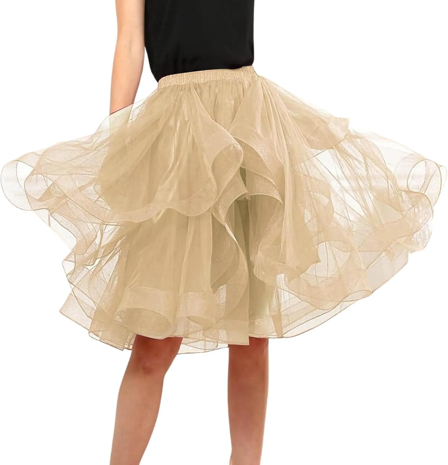 Tulle Skirts for Women A Line Elastic Layered Puffy Midi Skirt High Low Asymmetrical Midi Length Prom Mesh Tutu Skirt
