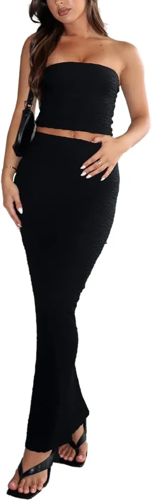 Two Piece Dress Outfits for Women Sleeveless Tube Tops Bodycon Maxi Dress Summer Strapless Crop Top Sexy Suits Set