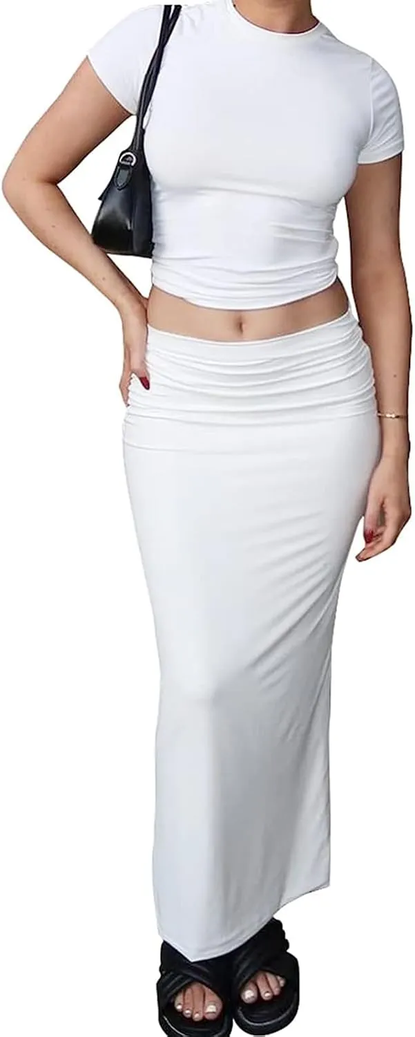 Two Piece Skirt Set for Women 2 PC Y2K Outfits Short Sleeve Crop Tops Bodycon High Waist Long Maxi Skirts