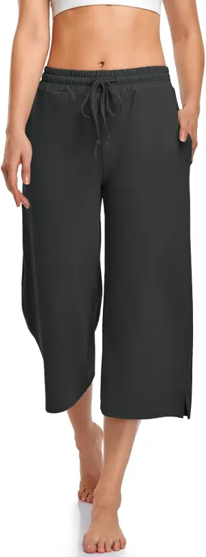UEU Womens Capri Yoga Pants Summer Wide Leg Loose Casual Cropped Lounge Drawstring Pajama Capris Sweatpants with Pockets