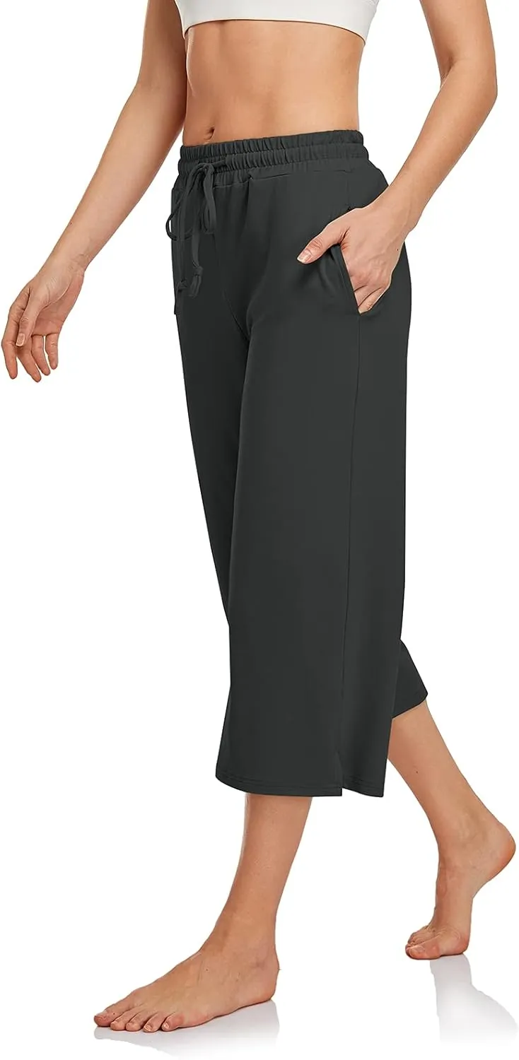 UEU Womens Capri Yoga Pants Summer Wide Leg Loose Casual Cropped Lounge Drawstring Pajama Capris Sweatpants with Pockets