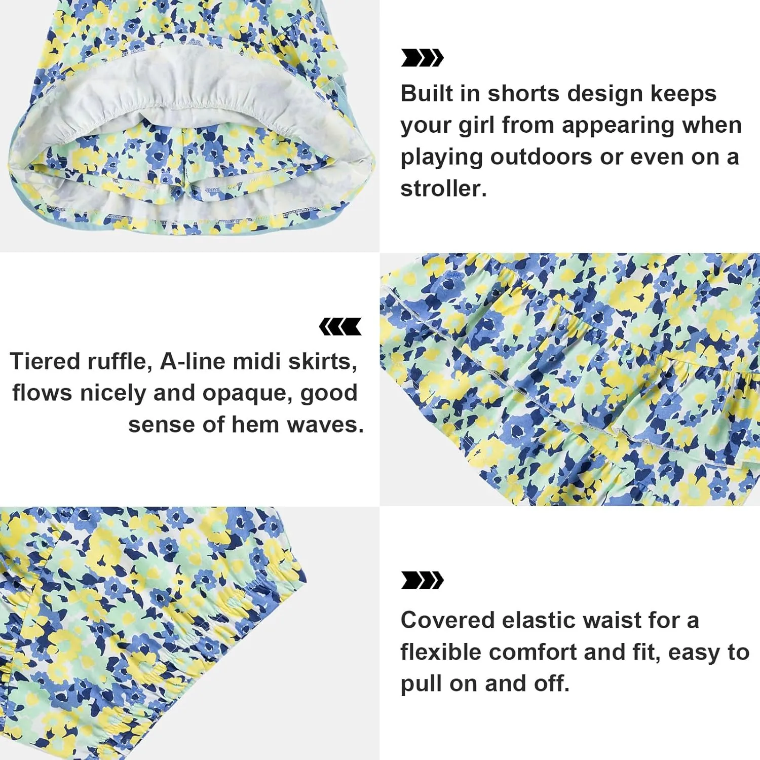 UNACOO 2 Packs 100% Cotton Tiered Ruffle Skirt with Elastic Waistband for Girls