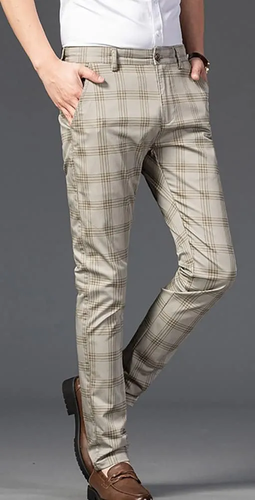 utcoco Men Casual Plaid Slim Fit Straight Stretch Dress Pants