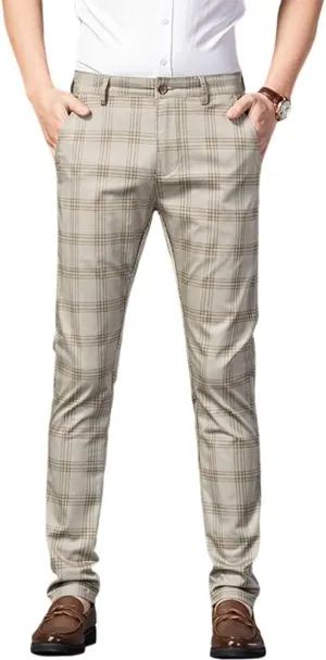 utcoco Men Casual Plaid Slim Fit Straight Stretch Dress Pants
