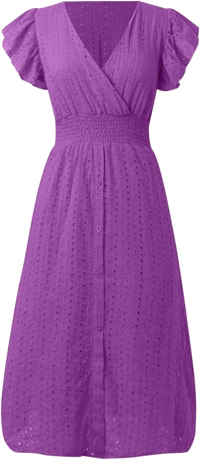 Vacation Dresses for Women 2025 Summer Trendy Eyelet Ruffle Sleeve V Neck Midi Dress Flowy A Line Beach Sundress