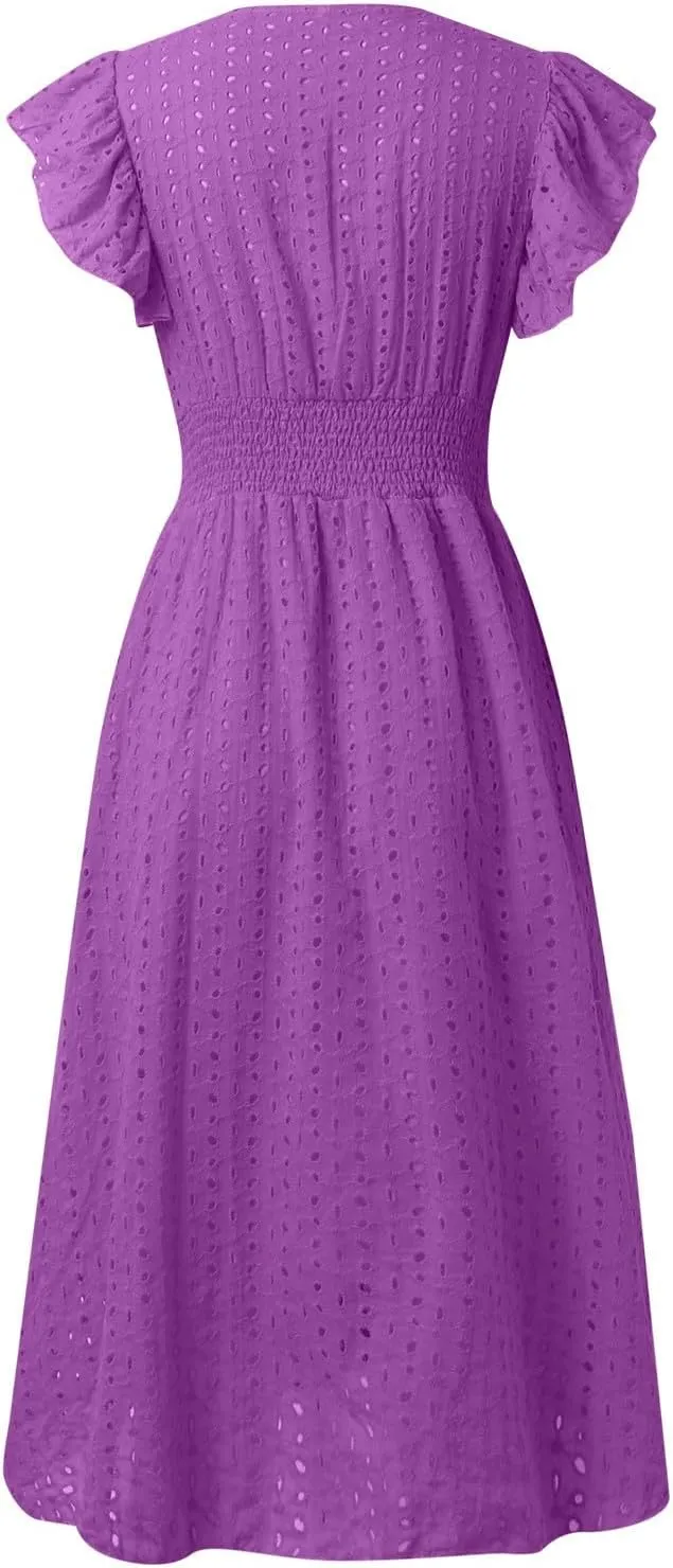 Vacation Dresses for Women 2025 Summer Trendy Eyelet Ruffle Sleeve V Neck Midi Dress Flowy A Line Beach Sundress