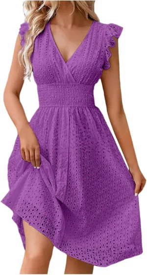 Vacation Dresses for Women 2025 Summer Trendy Eyelet Ruffle Sleeve V Neck Midi Dress Flowy A Line Beach Sundress