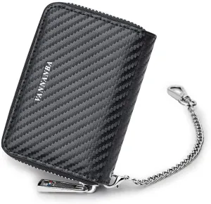 VANNANBA Chain Wallet Zipper Large Capacity Organizer Accordion Wallet Genuine Leather Purse RFID Blocking Wallet for Men,carbon black