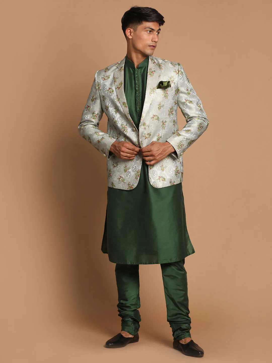 VASTRAMAY Green Silk Blazer with Viscose Kurta