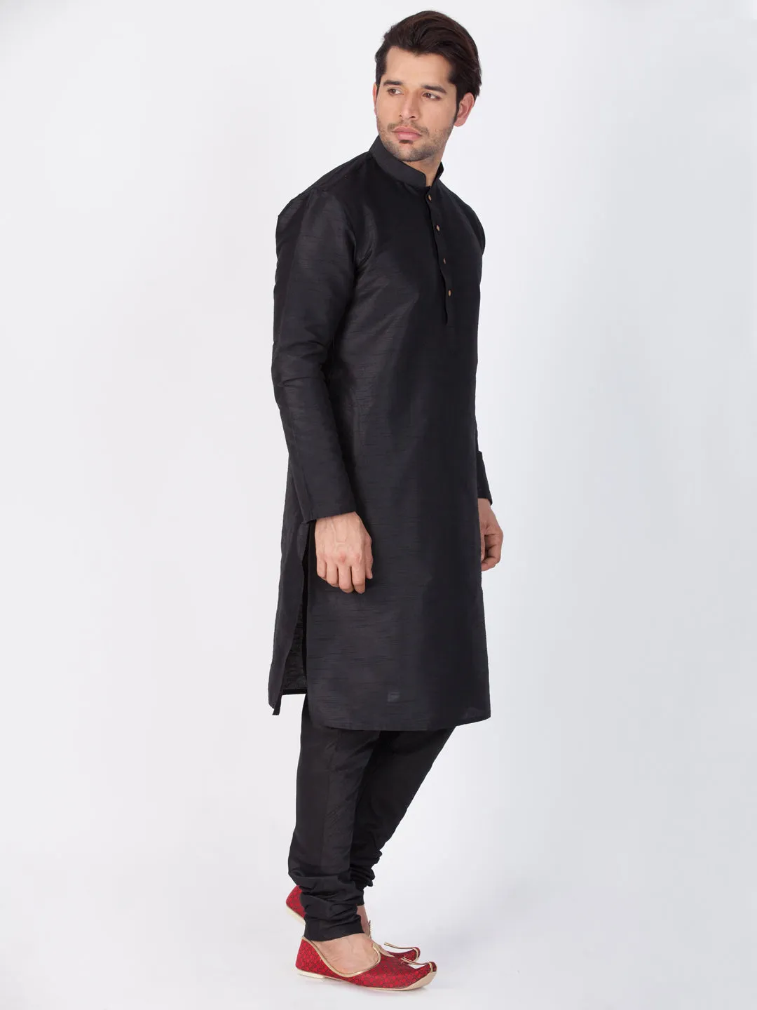 VASTRAMAY Men's Black Cotton Silk Kurta Pyjama