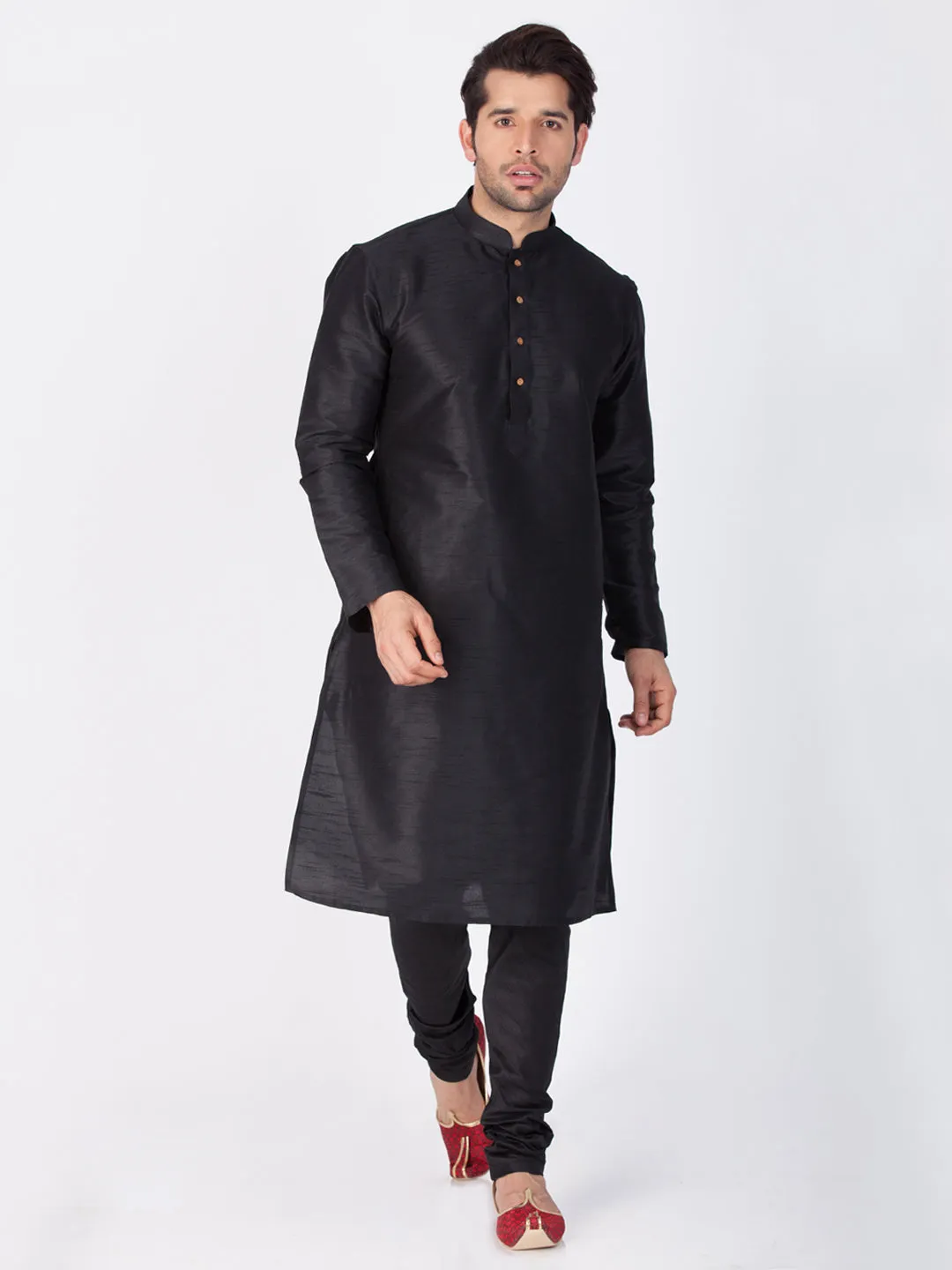VASTRAMAY Men's Black Cotton Silk Kurta Pyjama