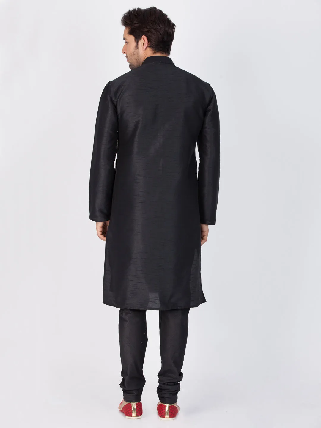 VASTRAMAY Men's Black Cotton Silk Kurta Pyjama