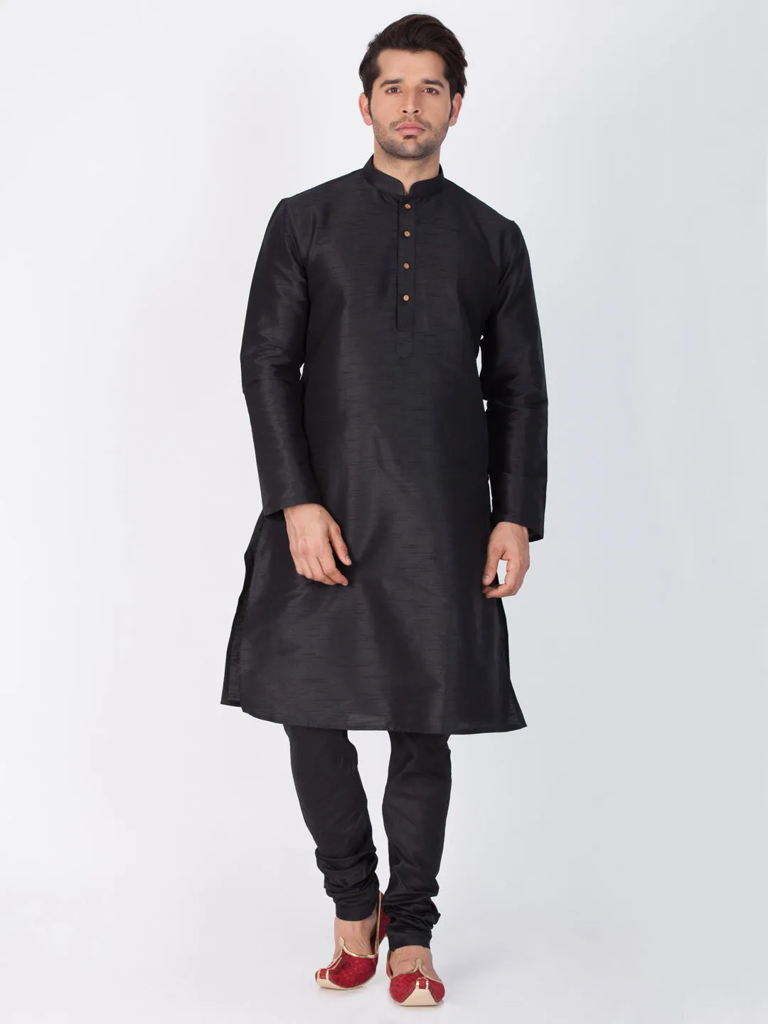VASTRAMAY Men's Black Cotton Silk Kurta Pyjama