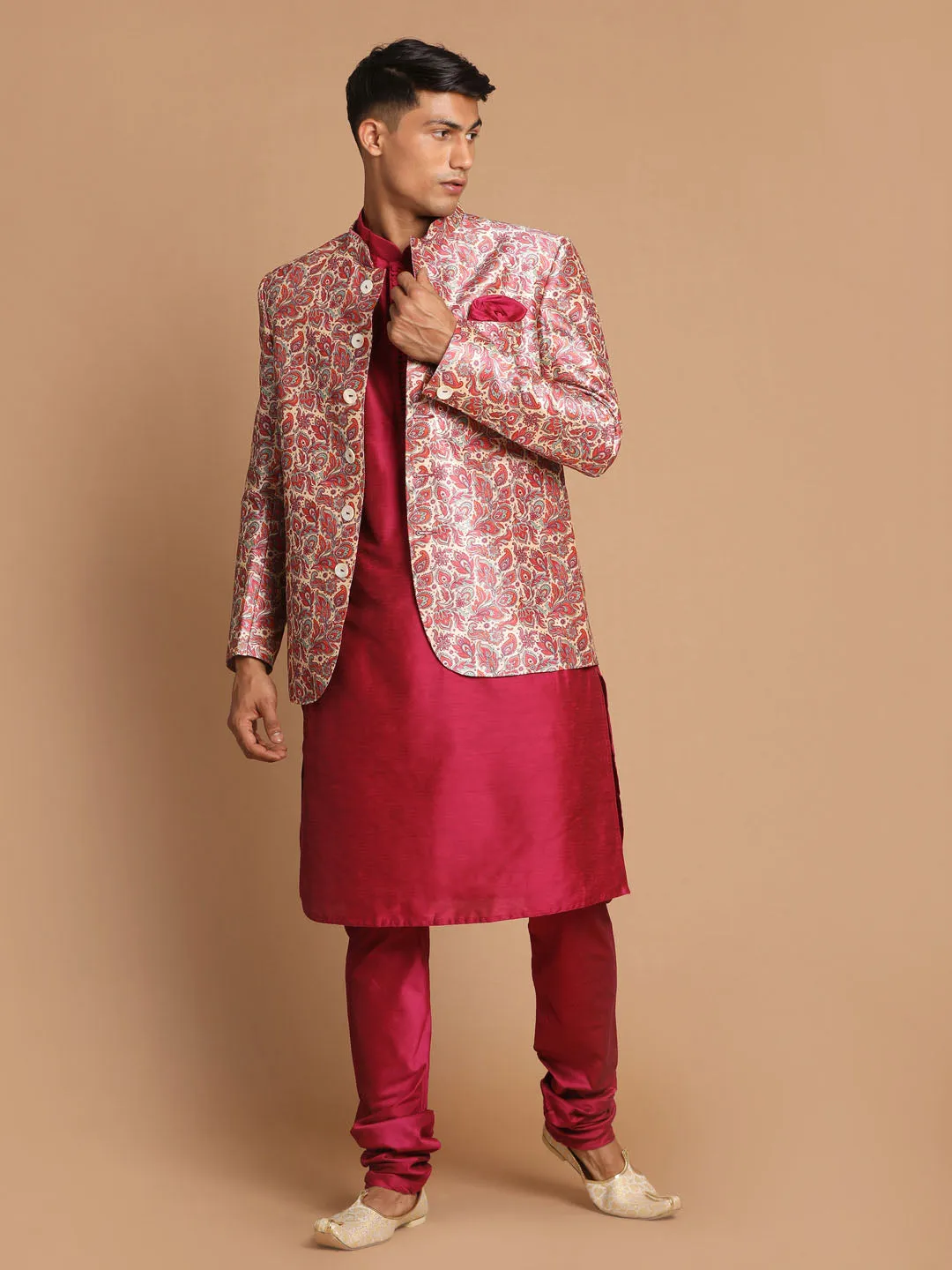 VASTRAMAY Pink Silk Blend Jodhpuri Kurta Set