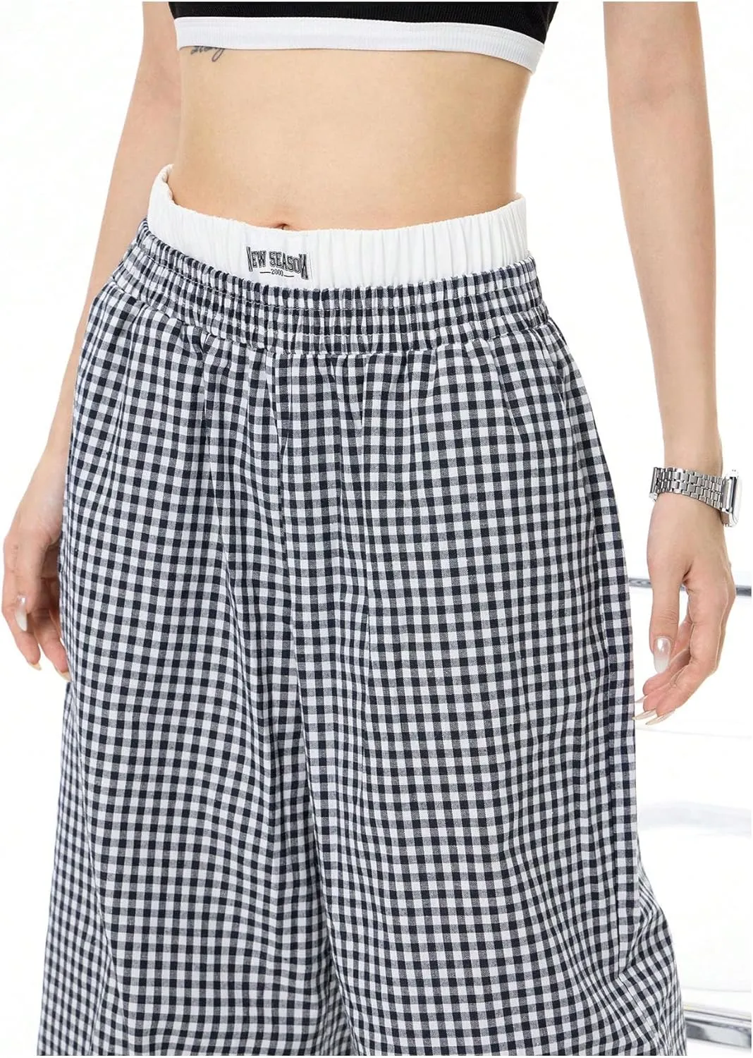Verdusa Women's Striped Wide Leg Elastic High Waisted Casual Pants with Pockets