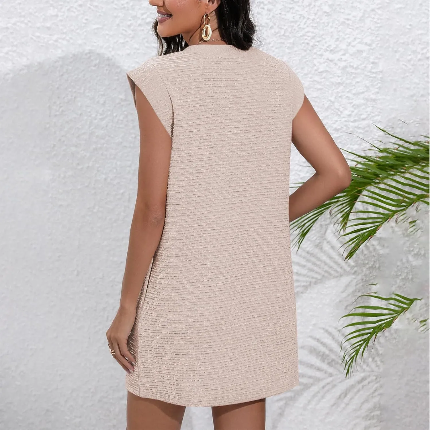 Vintage Cap Sleeve Mini Dress Women Summer Casual Crewneck Tunic Dresses Loose Fit Work T Shirt Dress with Pockets
