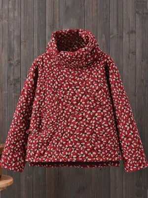 Vintage Floral Printed Turtleneck Thicken Women Cotton Coats