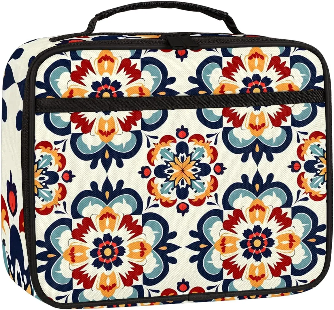 Vintage Floral Square Lunch Bag Ethnic Southwest Square Tote Lunch Bag Reusable Lunch Box Leakproof Cooler Bag