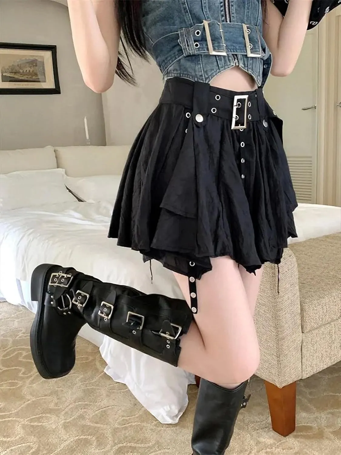 Vintage Harajuku Mini Skirt Women Summer Low Waist Irregular Pleated Skirt Retro Preppy Style Mini Skirt Y2K Streetwear
