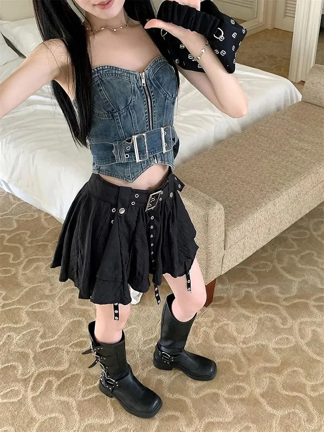 Vintage Harajuku Mini Skirt Women Summer Low Waist Irregular Pleated Skirt Retro Preppy Style Mini Skirt Y2K Streetwear