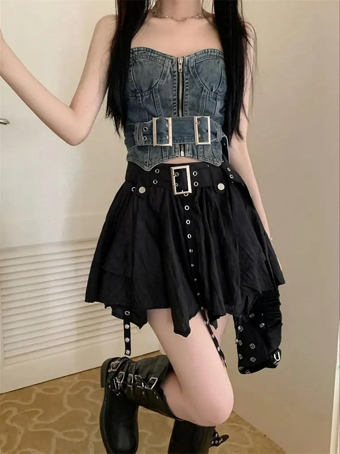 Vintage Harajuku Mini Skirt Women Summer Low Waist Irregular Pleated Skirt Retro Preppy Style Mini Skirt Y2K Streetwear