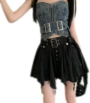 Vintage Harajuku Mini Skirt Women Summer Low Waist Irregular Pleated Skirt Retro Preppy Style Mini Skirt Y2K Streetwear