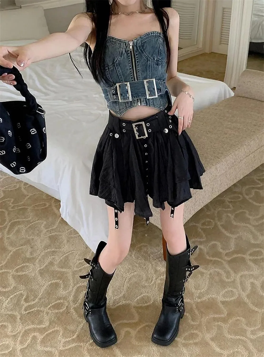 Vintage Harajuku Mini Skirt Women Summer Low Waist Irregular Pleated Skirt Retro Preppy Style Mini Skirt Y2K Streetwear