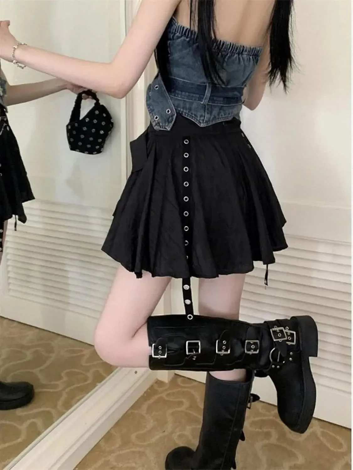 Vintage Harajuku Mini Skirt Women Summer Low Waist Irregular Pleated Skirt Retro Preppy Style Mini Skirt Y2K Streetwear