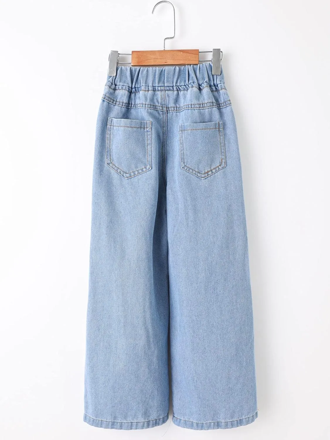 WDIRARA Girl's Butterfly Print Elastic Waist Wide Leg Ripped Jeans Denim Pants
