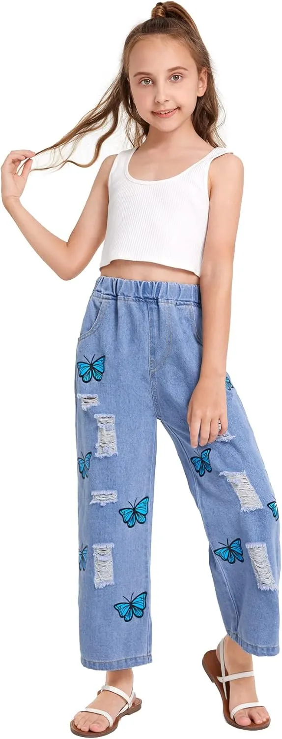WDIRARA Girl's Butterfly Print Elastic Waist Wide Leg Ripped Jeans Denim Pants