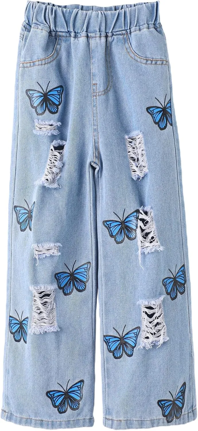 WDIRARA Girl's Butterfly Print Elastic Waist Wide Leg Ripped Jeans Denim Pants