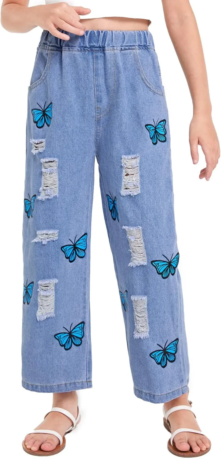 WDIRARA Girl's Butterfly Print Elastic Waist Wide Leg Ripped Jeans Denim Pants