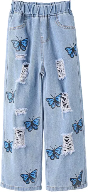 WDIRARA Girl's Butterfly Print Elastic Waist Wide Leg Ripped Jeans Denim Pants