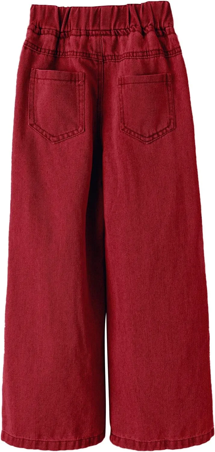 WDIRARA Girl's Butterfly Print Elastic Waist Wide Leg Ripped Jeans Denim Pants