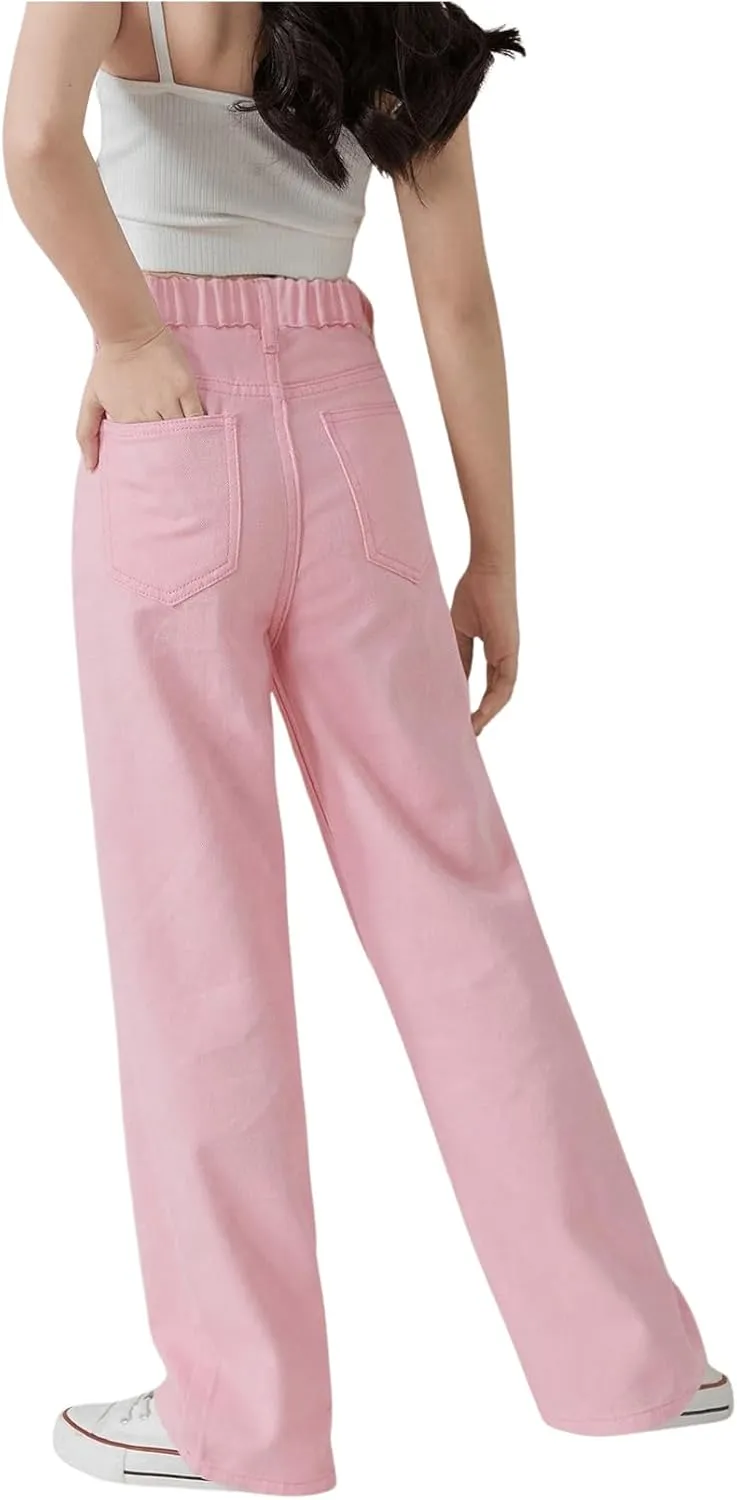 WDIRARA Girl's Butterfly Print Elastic Waist Wide Leg Ripped Jeans Denim Pants