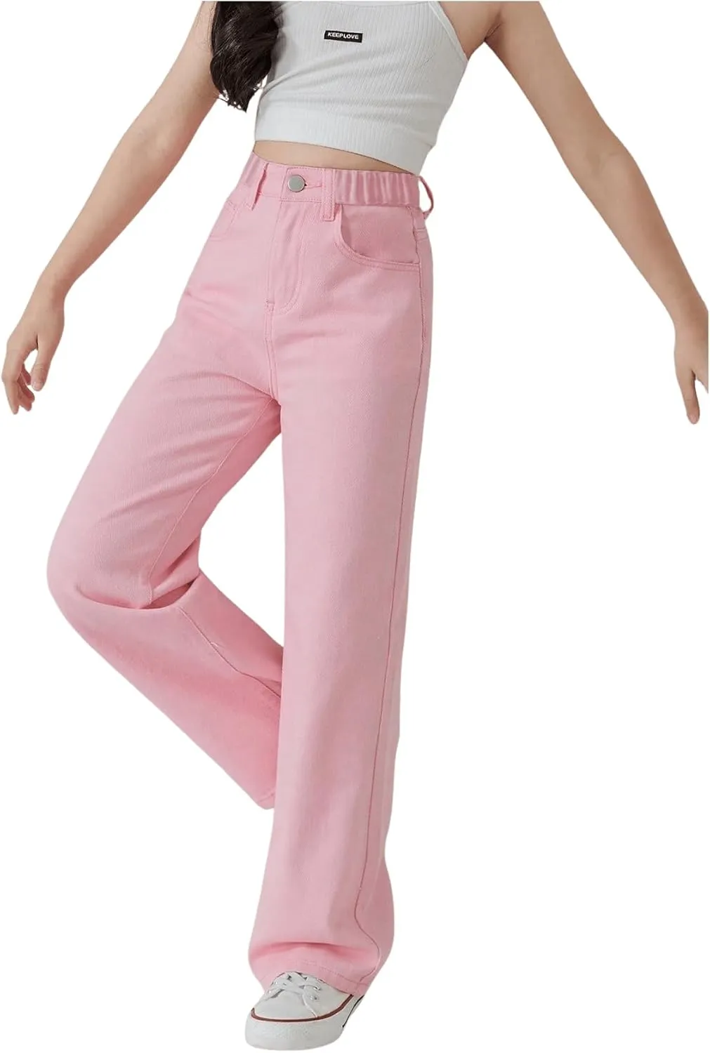 WDIRARA Girl's Butterfly Print Elastic Waist Wide Leg Ripped Jeans Denim Pants