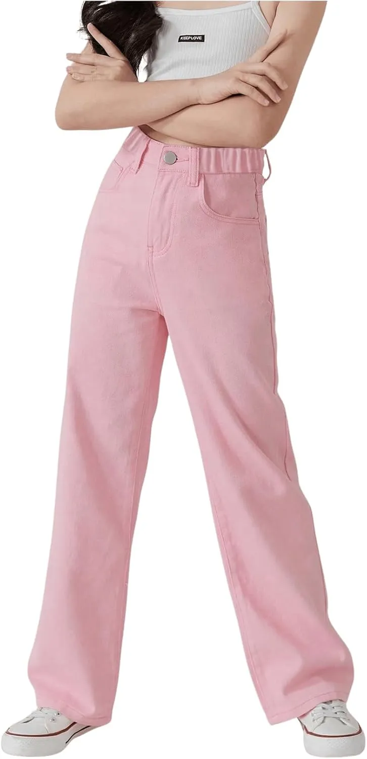 WDIRARA Girl's Butterfly Print Elastic Waist Wide Leg Ripped Jeans Denim Pants