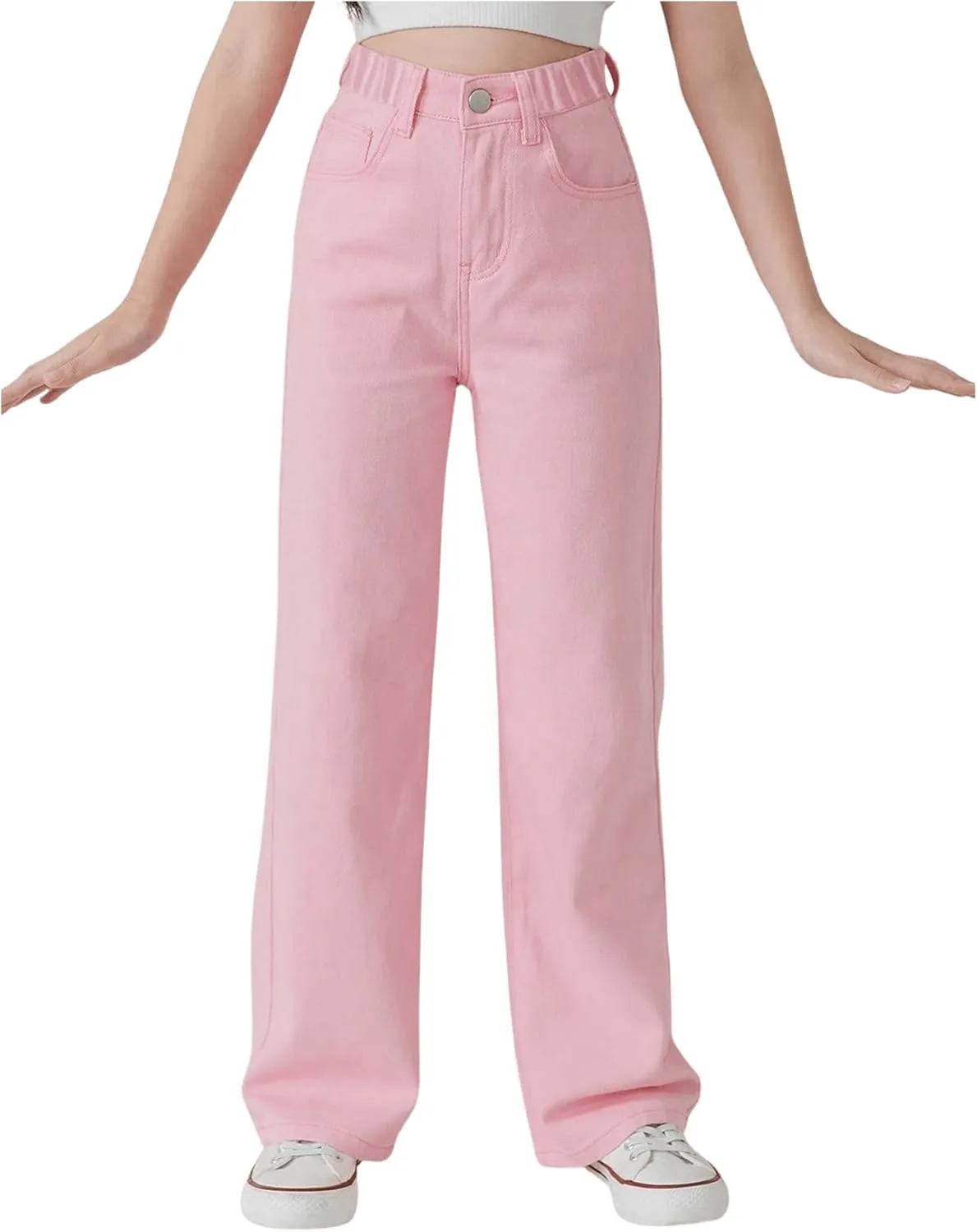 WDIRARA Girl's Butterfly Print Elastic Waist Wide Leg Ripped Jeans Denim Pants