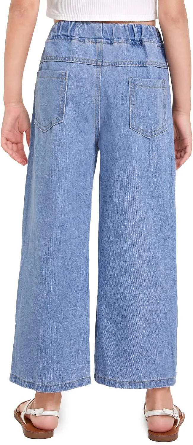 WDIRARA Girl's Butterfly Print Elastic Waist Wide Leg Ripped Jeans Denim Pants