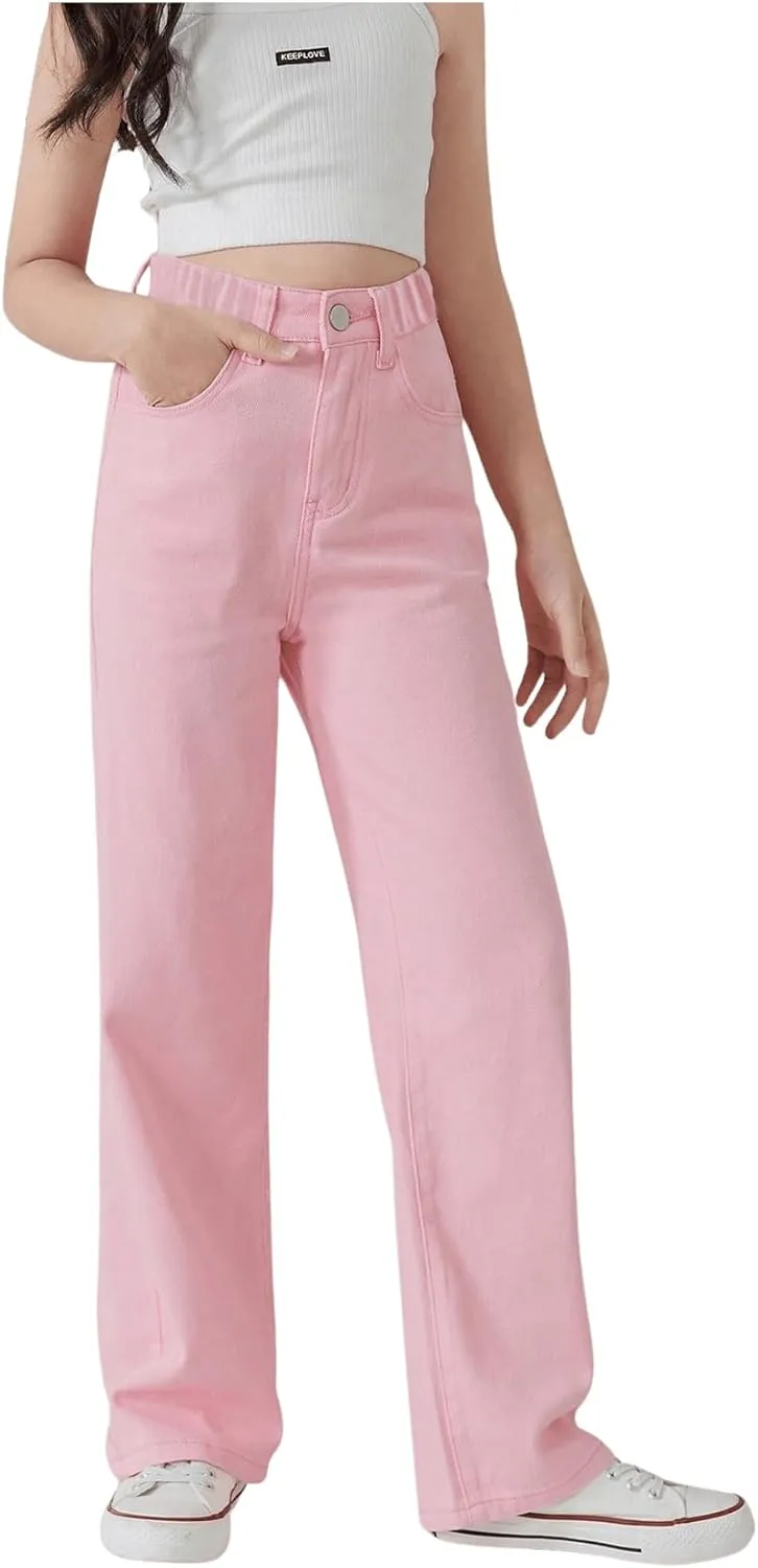 WDIRARA Girl's Butterfly Print Elastic Waist Wide Leg Ripped Jeans Denim Pants