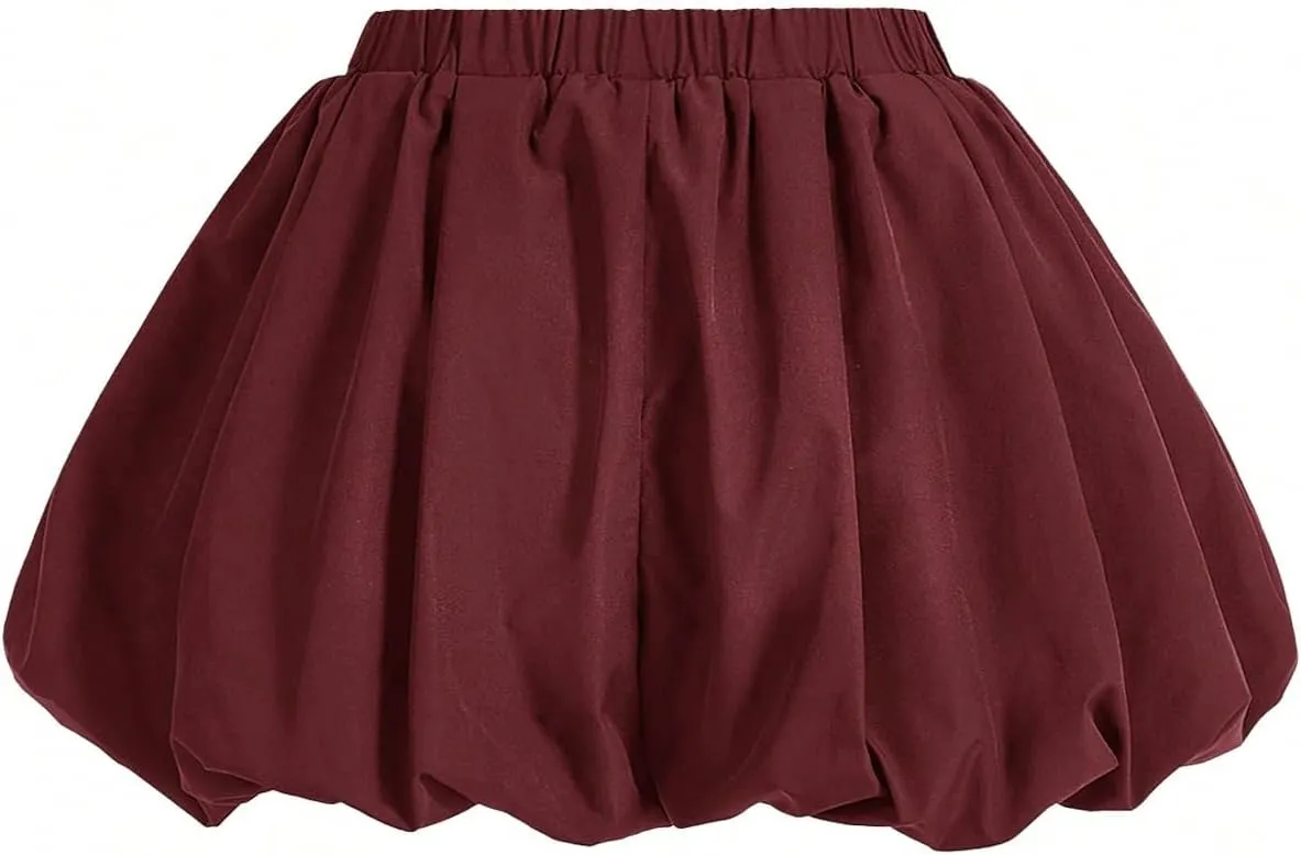 WDIRARA Women's Asymmetrical Hem Bubble Skorts Elastic Waist Loose Fit Solid Mini Skirt Pants