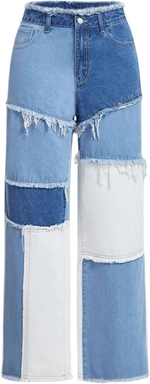 WDIRARA Women's Color Block Patchwork Jeans Raw Trim Zipper Fly Straight Leg Denim Pants
