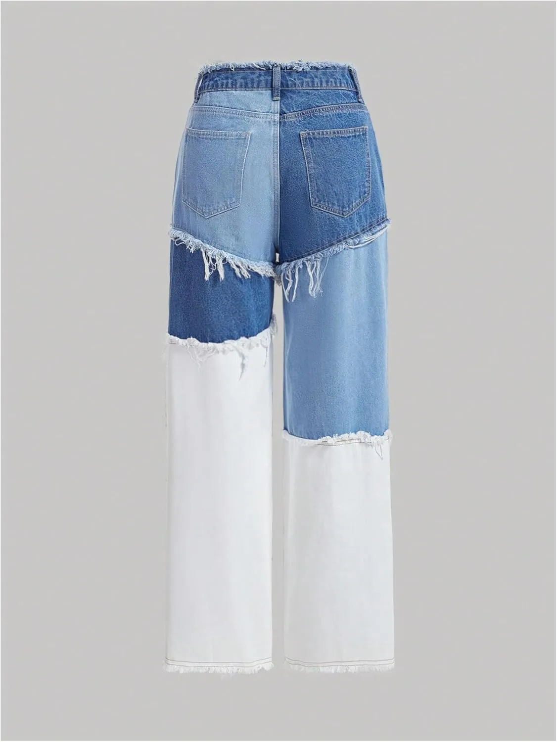 WDIRARA Women's Color Block Patchwork Jeans Raw Trim Zipper Fly Straight Leg Denim Pants