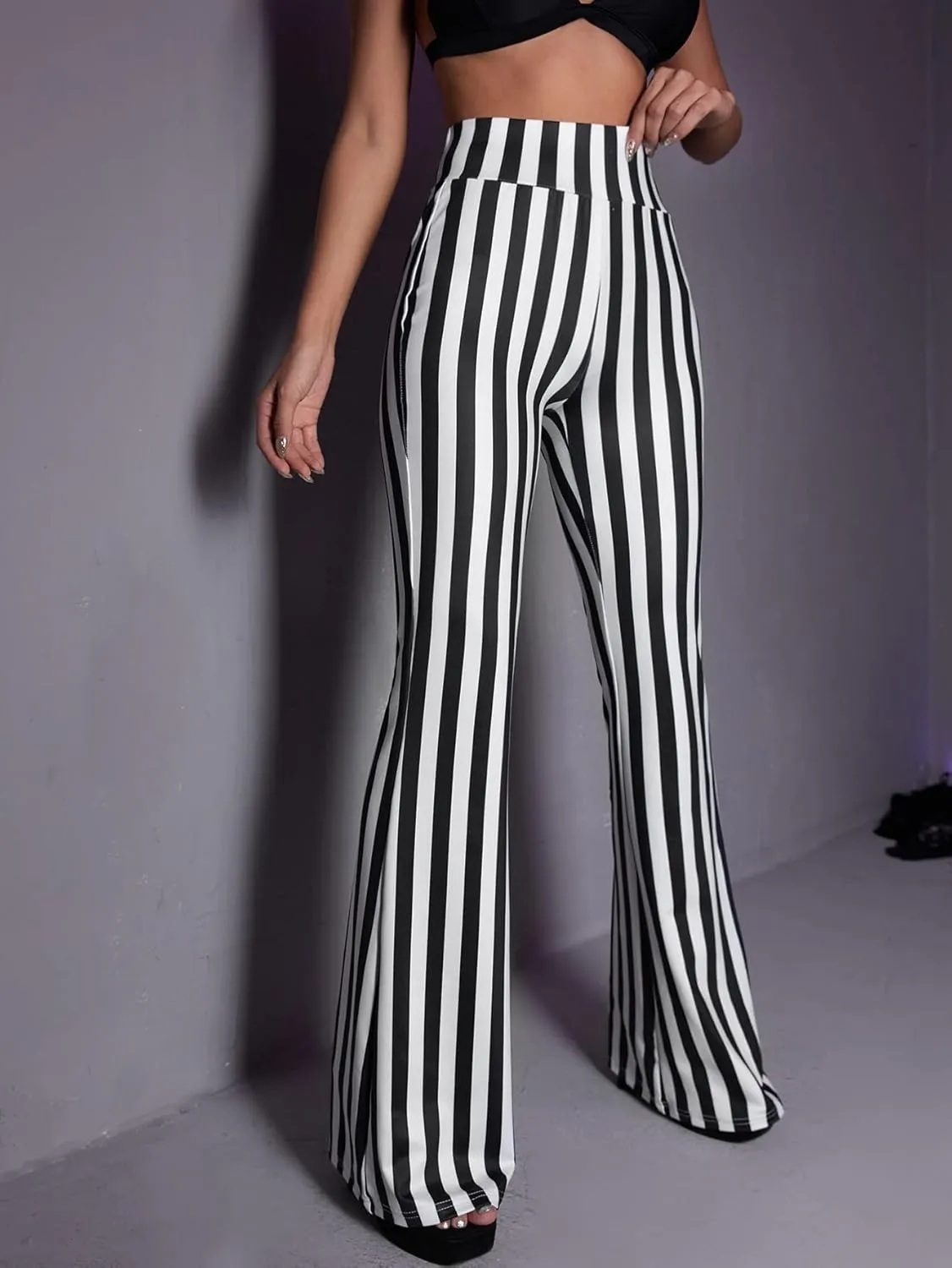 WDIRARA Women's Elastic High Waist Allover Print Floral Bell Bottom Flare Leg Long Pants