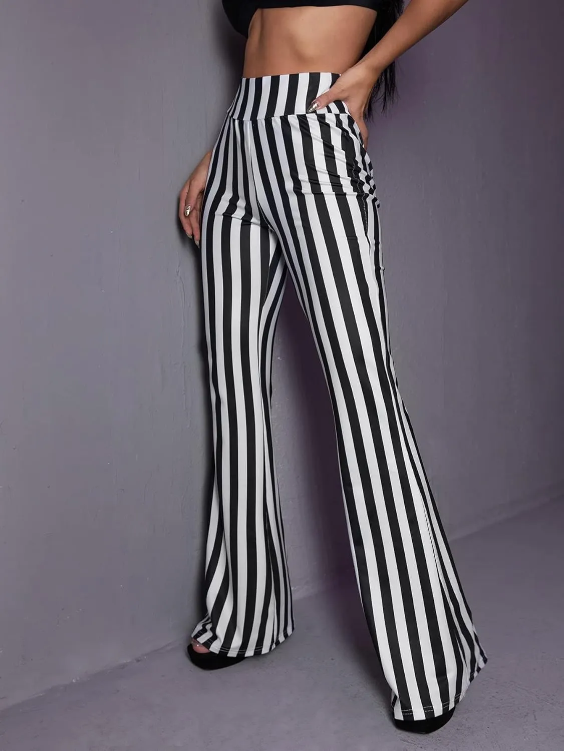 WDIRARA Women's Elastic High Waist Allover Print Floral Bell Bottom Flare Leg Long Pants
