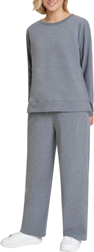 Weintee Women's Petite Sweatsuits Side Slit Sweatshirt and Sweatpants Sets Wide Leg Jogging Suits