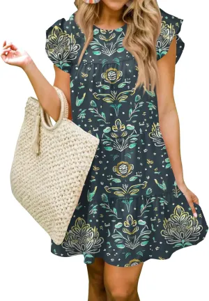 Women Babydoll Summer Casual Crew Neck Ruffle Sleeve Sleeveless Flowy Mini Short Tunic Dress Floral Print Pleated Dress2-Black,Large