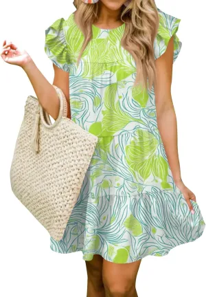 Women Babydoll Summer Casual Crew Neck Ruffle Sleeve Sleeveless Flowy Mini Short Tunic Dress Floral Print Pleated Dress4-Green,Small